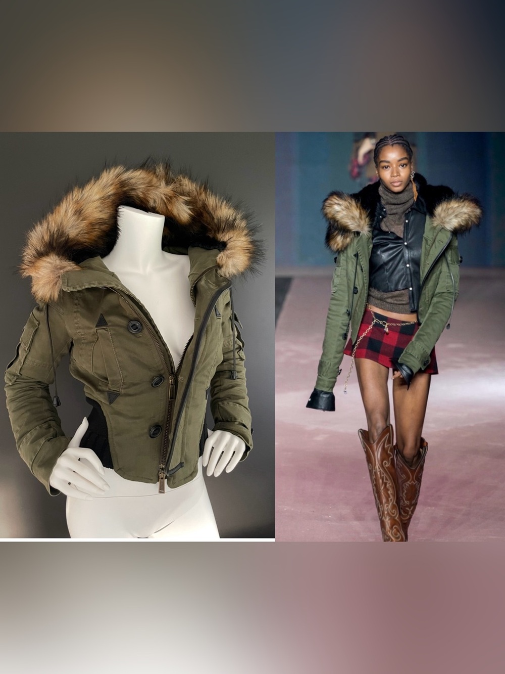 DSQUARED2 Spring 2020 Runway Army Green Faux Fur Trim Cropped Comber Jacket 38IT